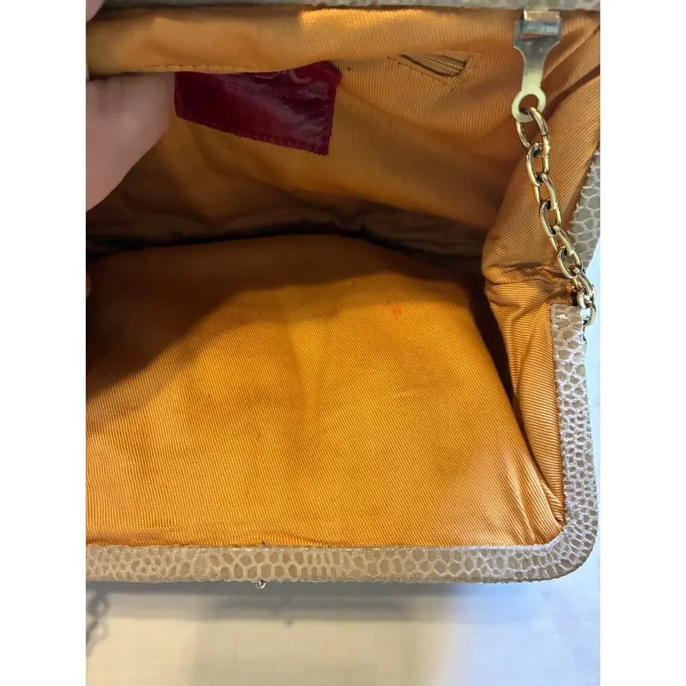 Y2K HOBO The Original Leather Frame Clutch Taupe Snakeskin Embossed Evening Bag